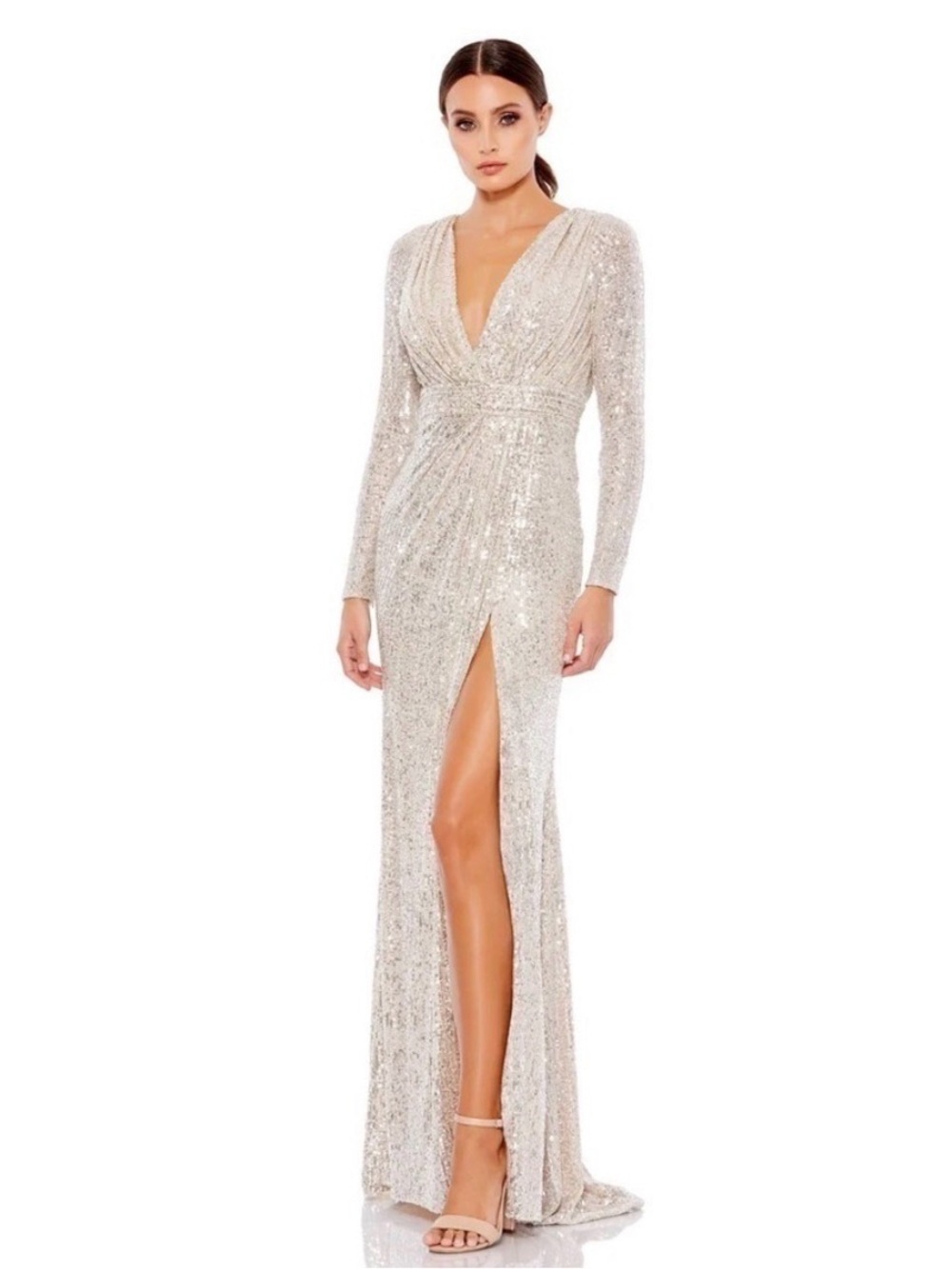 Mac Duggal Silver Sequin Deep V Long Sleeve Gown NWT Size 14